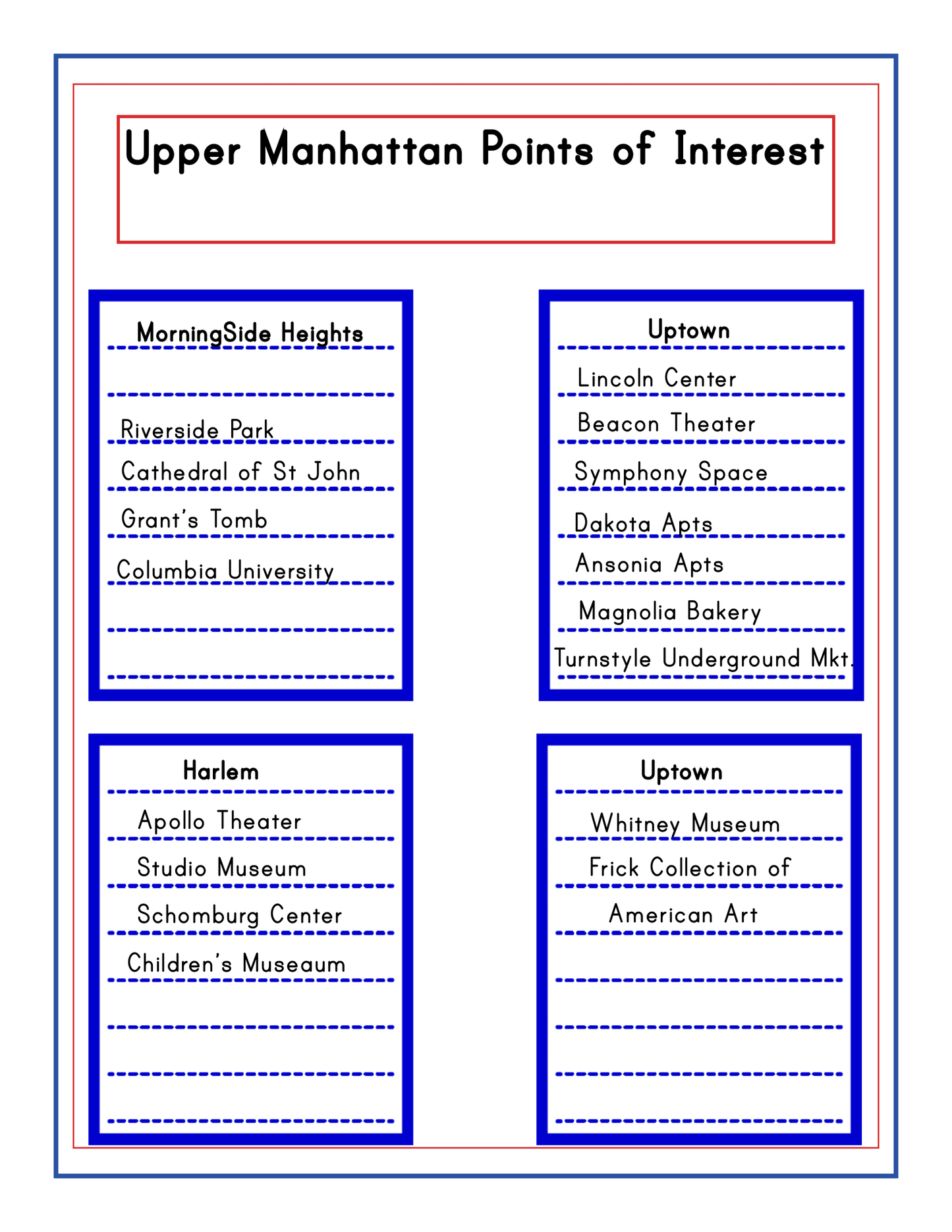 A list titled "Upper Manhattan Points of Interest" features notable locations in Morningside Heights, Harlem, and Uptown, including parks, theaters, museums, and historical sites. Perfect as the **New York City Travel Guide and Activity Kit for Kids** by **Wondermom Shop**, it’s organized into three detailed sections.