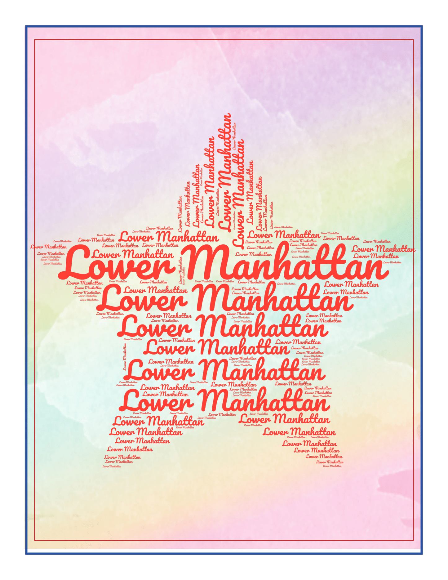 A star shape filled with the words "Lower Manhattan" in various sizes and orientations, set against a pastel watercolor texture. This design highlights *Manhattan Points of Interest* and serves as a delightful addition to any *New York City Travel Guide and Activity Kit for Kids* by *Wondermom Shop*.