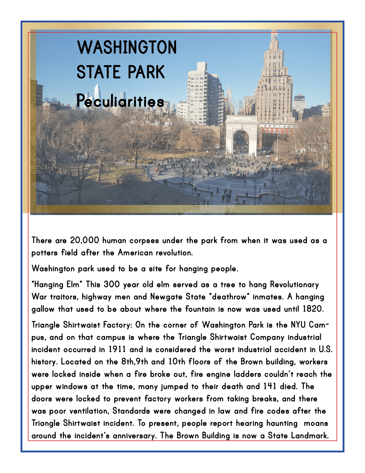 Flyer of Washington State Park, with the title "Peculiarities," providing historical facts about the park's Revolutionary War-era site, notable NYC buildings, and significant events such as the Triangle Shirtwaist Factory fire. This historical overview is a true gem among Manhattan points of interest and is featured in the Wondermom Shop's New York City Travel Guide and Activity Kit for Kids.