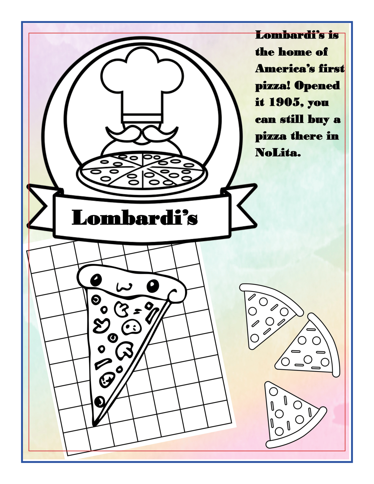 An informational page about Lombardi's, America's first pizzeria opened in 1905, featuring a chef's hat logo, pizza slice illustrations, and a short history—a must-see in the Wondermom Shop’s New York City Travel Guide and Activity Kit for Kids.