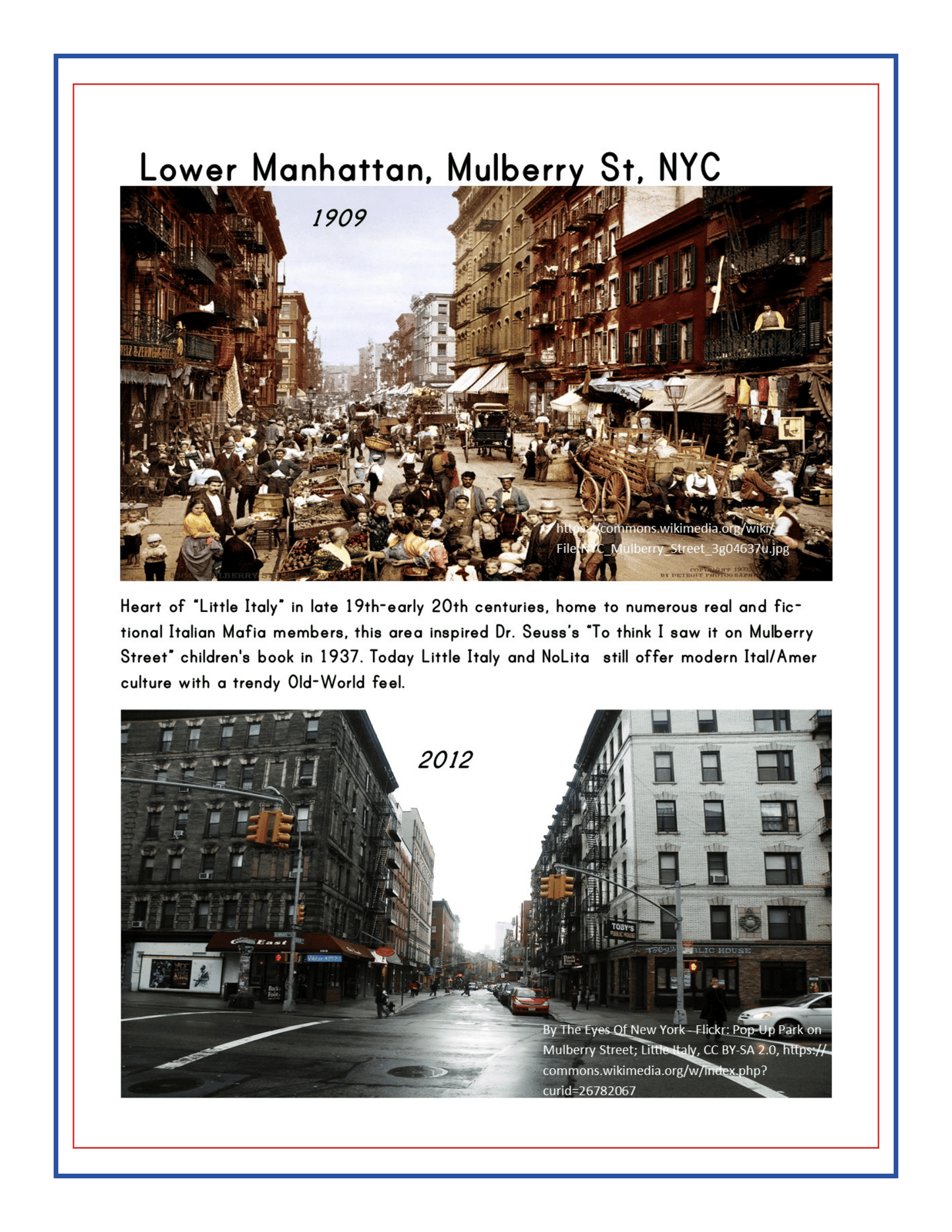 A comparison of Mulberry Street in Lower Manhattan, NYC: a bustling scene from 1909 and a modern view from 2012, highlighting changes over time in New York's Little Italy neighborhood—one of the top Manhattan Points of Interest featured in the Wondermom Shop's New York City Travel Guide and Activity Kit for Kids.