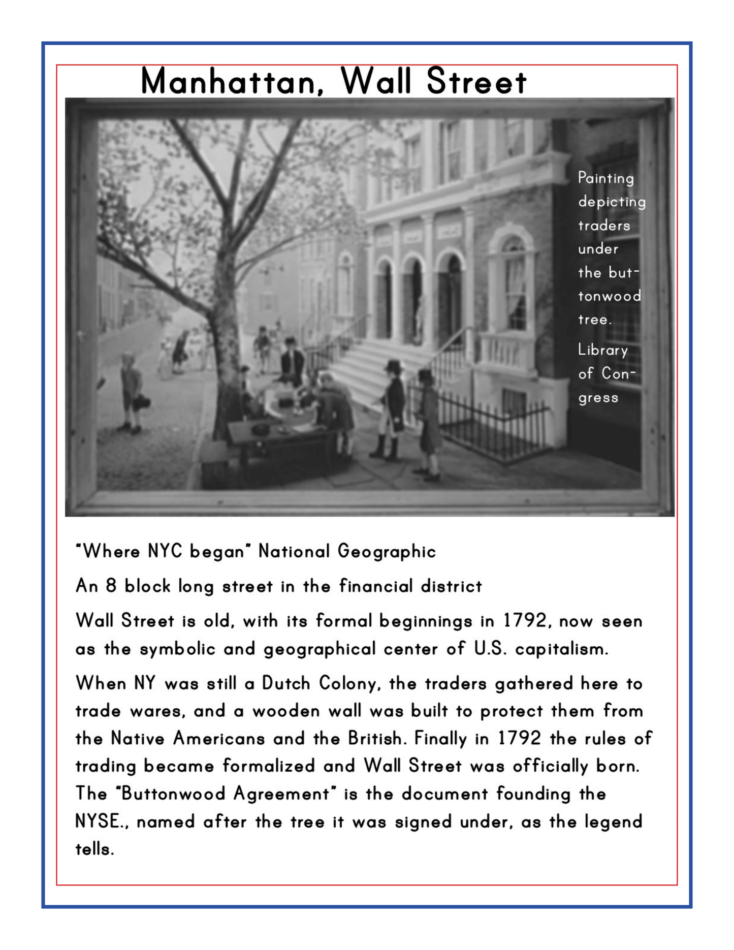A historic photograph of Wall Street traders gathered under the Buttonwood Tree, a pivotal point in any *New York City Travel Guide and Activity Kit for Kids* by Wondermom Shop. The text details Wall Street's origins, early trading rules formalized in 1792, and the significant "Buttonwood Agreement.