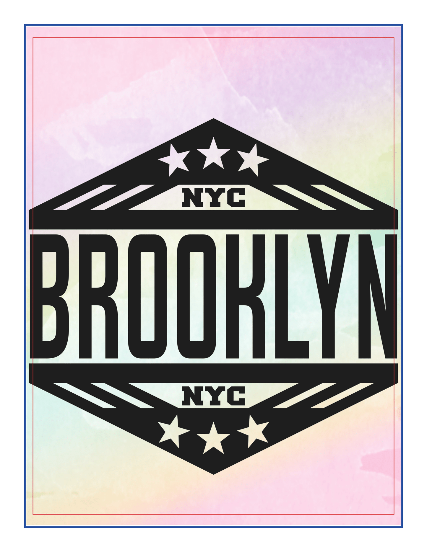 A black diamond-shaped logo with the word "BROOKLYN" in bold letters, flanked by "NYC" and stars on each side. The background features a pastel, watercolor-like pattern reminiscent of the New York City Travel Guide and Activity Kit for Kids by Wondermom Shop.