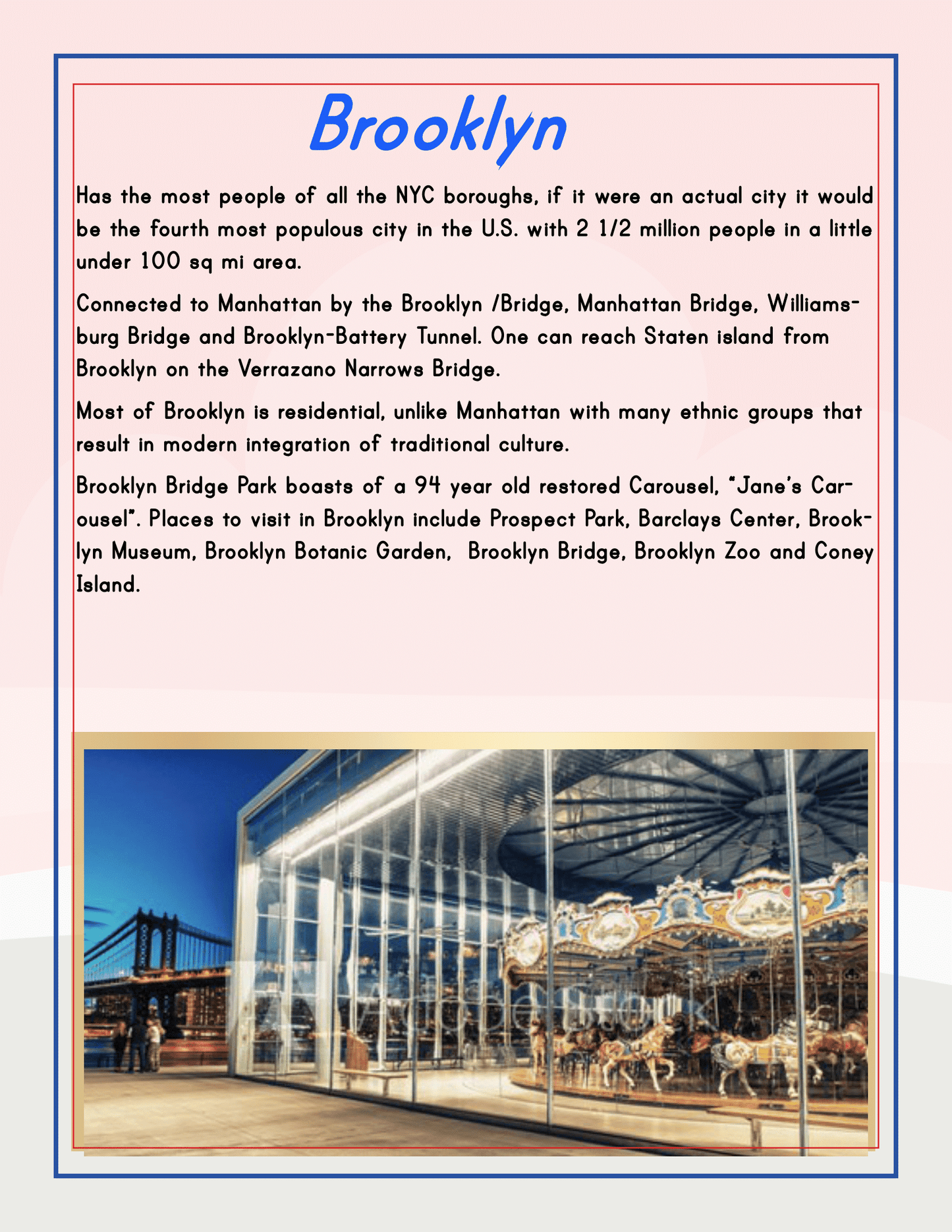 A vibrant infographic about Brooklyn, detailing its population, major connections to Manhattan, cultural diversity, notable landmarks, and famous attractions like the Brooklyn Bridge and Coney Island—perfectly encapsulated in the New York City Travel Guide and Activity Kit for Kids by Wondermom Shop, making it an ideal resource for families seeking NYC-friendly destinations.