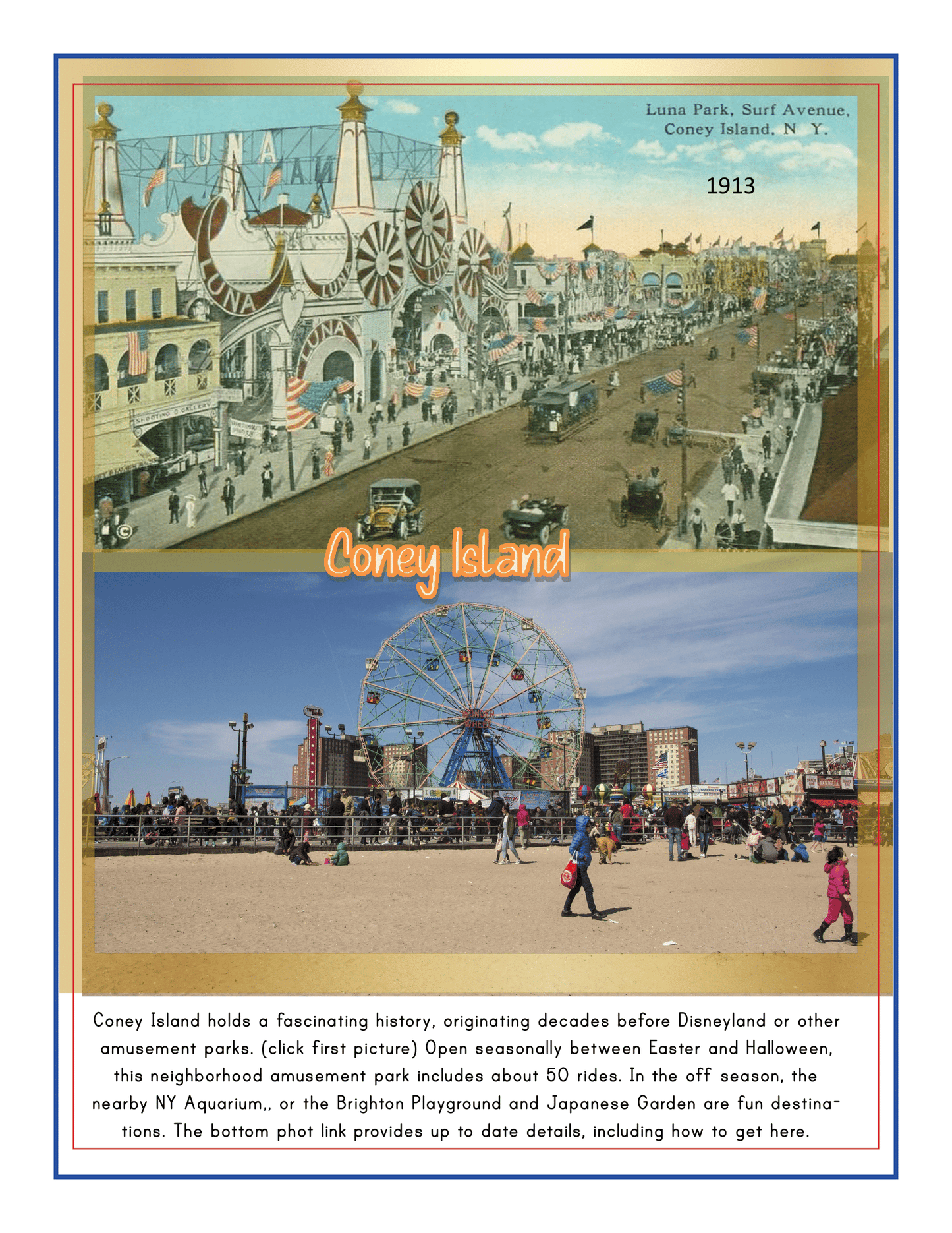 A historical postcard and a recent photo of Coney Island are displayed. The postcard, showing Luna Park in 1913, is juxtaposed with a modern photo that captures a bustling amusement park with a prominent Ferris wheel, making it an ideal feature in the "New York City Travel Guide and Activity Kit for Kids" by Wondermom Shop for an NYC Family Friendly Destination.