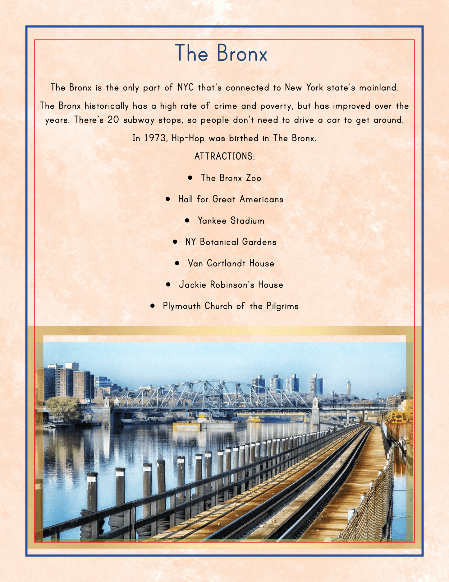 Informational poster about The Bronx, part of the New York City Travel Guide and Activity Kit for Kids by Wondermom Shop, highlighting its transportation options, historical crime rate improvement, and attractions like The Bronx Zoo and Yankee Stadium. An image of an urban landscape is at the bottom. Perfect for those seeking NYC family-friendly destinations!