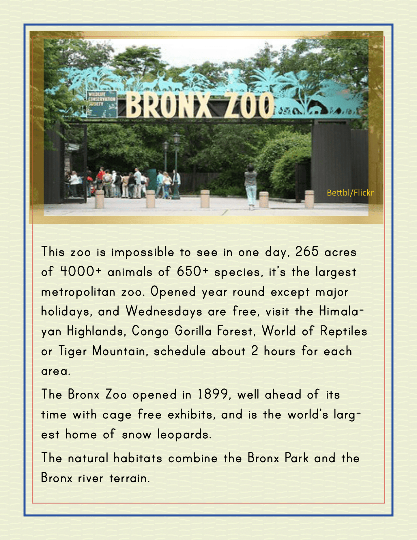 The entrance sign of the Bronx Zoo details its history, exhibits, hours, and habitats, showcasing its significant size and variety of species. This NYC family-friendly destination is featured in numerous editions of the "New York City Travel Guide and Activity Kit for Kids" by Wondermom Shop as a must-visit spot just minutes away from Manhattan's points of interest.