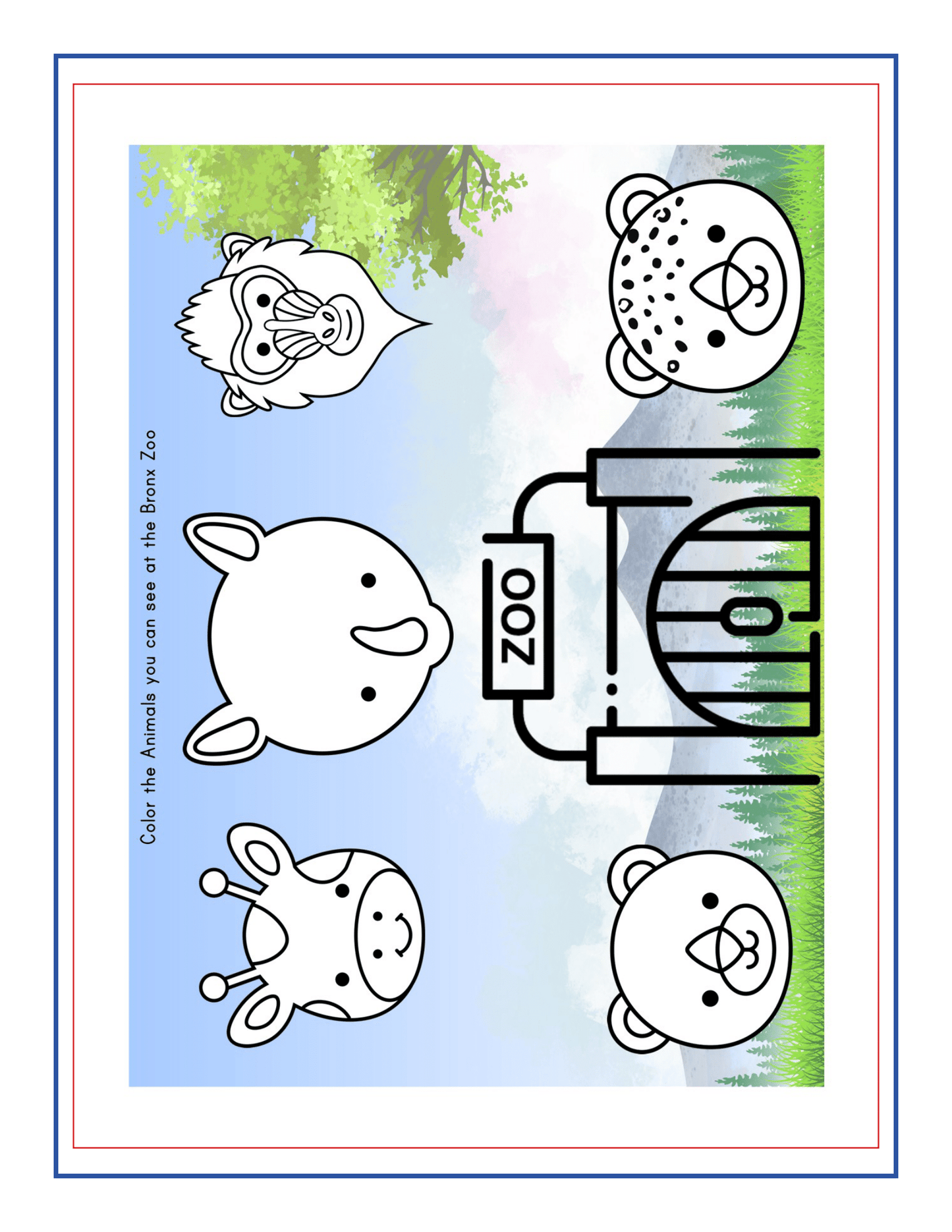 A coloring sheet from the New York City Travel Guide and Activity Kit for Kids by Wondermom Shop features outlines of a lion, leopard, rhinoceros, giraffe, and bear with a zoo entrance gate in the background. Text reads: "Color the Animals you can see at the Bloom Zoo," one of NYC's family-friendly destinations.