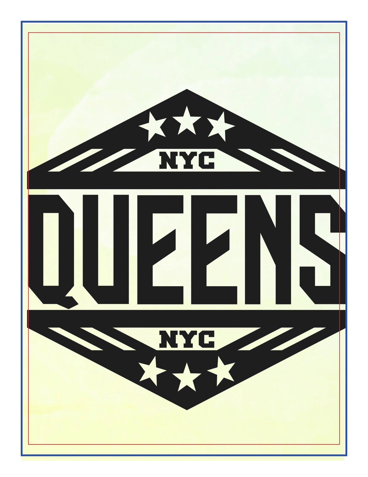 The black "Queens NYC" emblem with stars and geometric lines, positioned against a light gradient background, makes it a standout feature in the New York City Travel Guide and Activity Kit for Kids by Wondermom Shop.