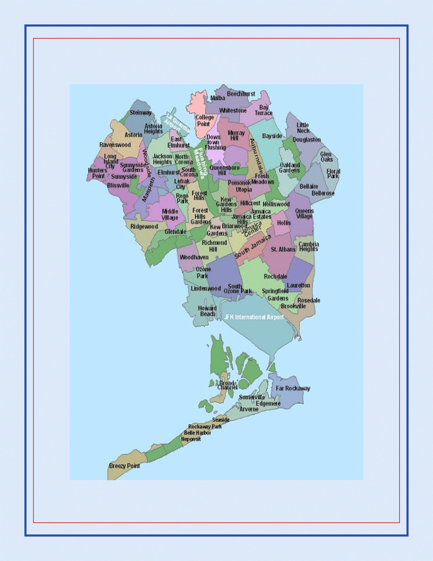 The New York City Travel Guide and Activity Kit for Kids by Wondermom Shop features a detailed map of Queens, New York City. It’s an essential addition to any travel guide collection, showcasing various neighborhoods and areas in distinct colors and clearly labeled with names such as Jamaica, Flushing, and Astoria.