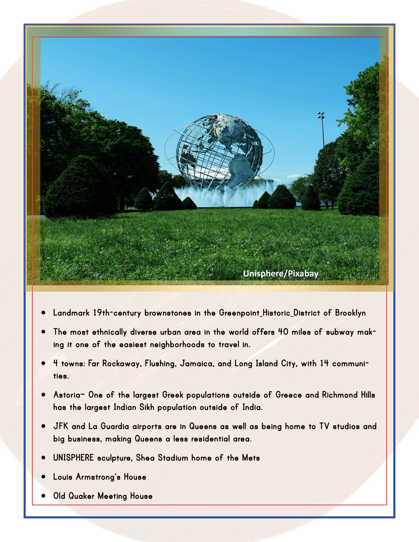 A park with manicured hedges and a large metal globe sculpture in the center showcases the text overlay listing features and notable facts about various neighborhoods and landmarks in New York City, making it perfect for those seeking an NYC Family Friendly Destination—brought to you by the Wondermom Shop's New York City Travel Guide and Activity Kit for Kids.