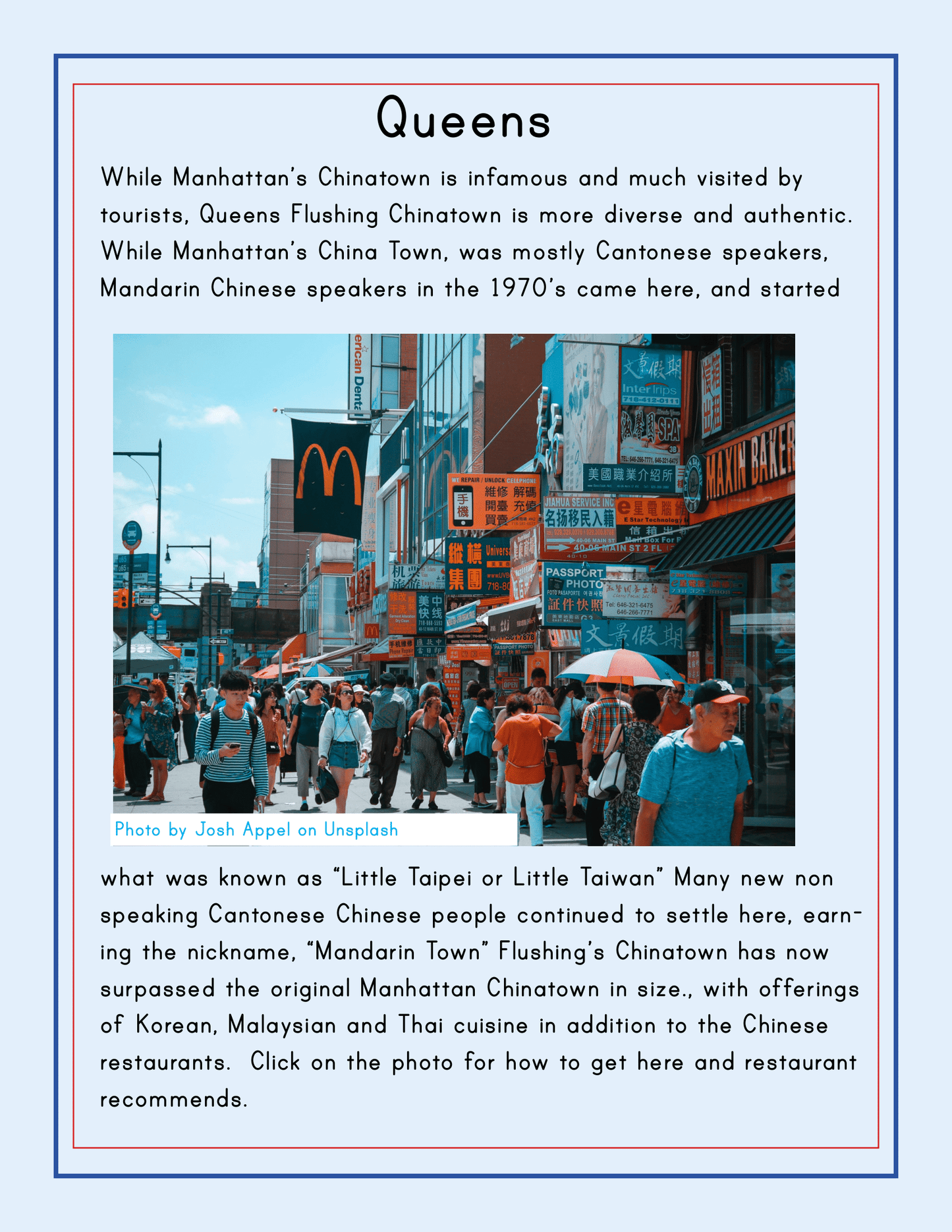 A busy street in Queens with various Asian establishments and signs, as recommended in the New York City Travel Guide and Activity Kit for Kids by Wondermom Shop. Several people walk along the sidewalk, many of whom are engaging in daily activities. This vibrant area is one of NYC's family-friendly destinations with a unique cultural flair.