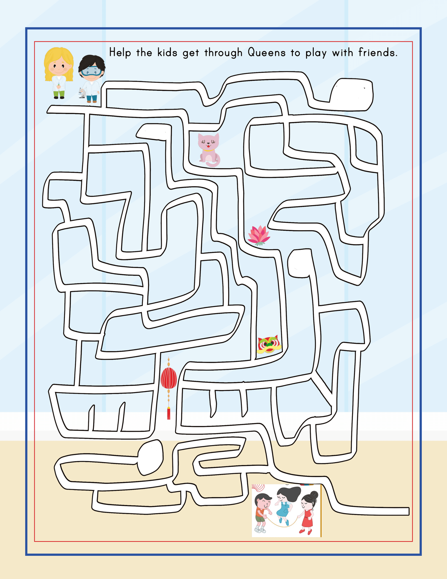 Explore the New York City Travel Guide and Activity Kit for Kids by Wondermom Shop, featuring a maze game where the goal is to help two kids reach Queens and play with friends. Navigate through various items placed inside the maze, including a cat, a lotus flower, a basket of vegetables, and a red lantern—an exciting adventure perfect for those exploring NYC Family Friendly Destinations.