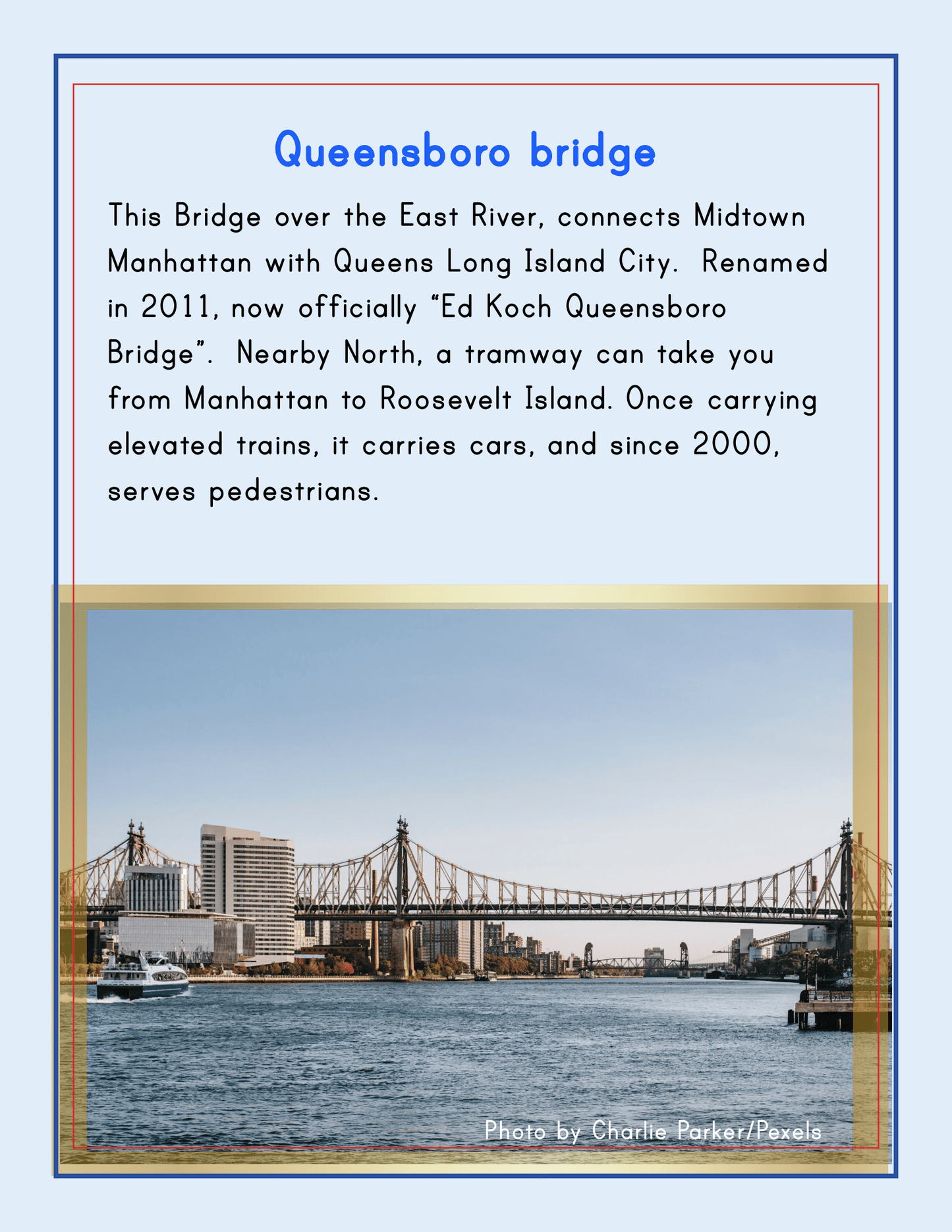 An image of the Queensboro Bridge, now renamed the "Ed Koch Queensboro Bridge," spans the East River, connecting Manhattan with Queens. This iconic site is featured in Wondermom Shop's "New York City Travel Guide and Activity Kit for Kids," emphasizing its role as a shared thoroughfare for both vehicles and pedestrians, making it one of NYC’s top family-friendly destinations.