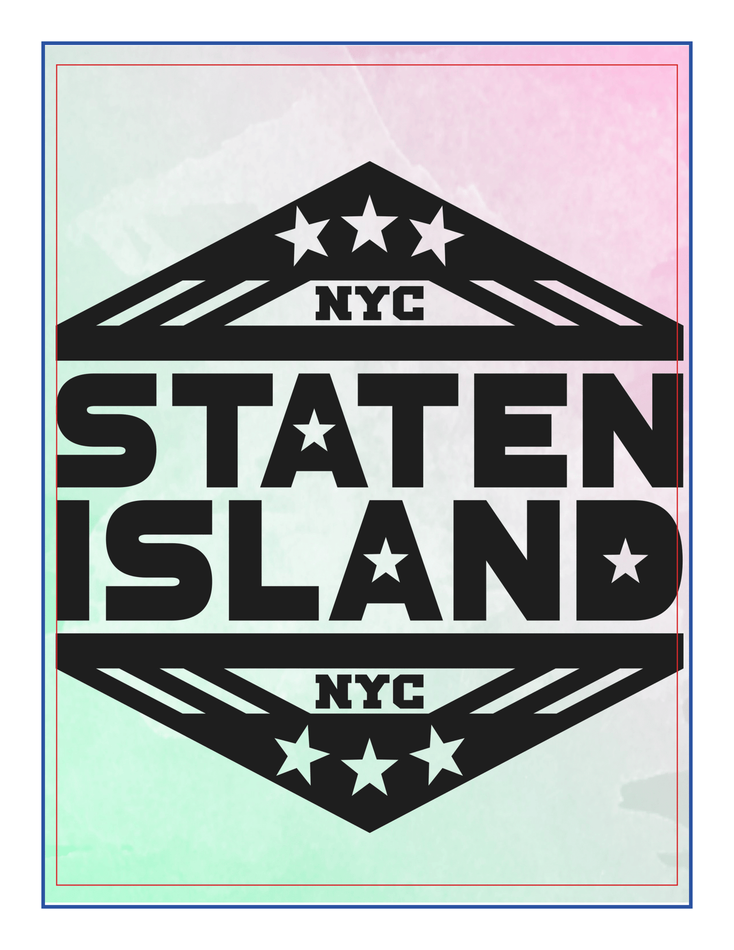Graphic with bold black text reading "STaten Island" and "NYC" against a multicolored gradient background. Stars and stripes surround the text above and below, making it a perfect visual for Wondermom Shop's New York City Travel Guide and Activity Kit for Kids.