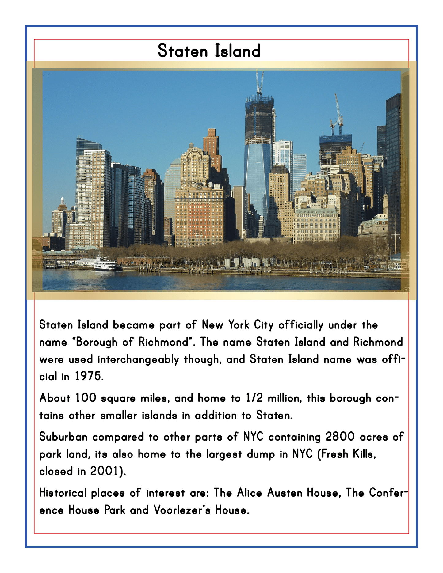 Informational poster about Staten Island detailing its history, size, population, suburban nature, and historical places of interest, with an image of the NYC skyline in the background. Perfect for Wondermom Shop's New York City Travel Guide and Activity Kit for Kids or highlighting NYC Family Friendly Destinations.