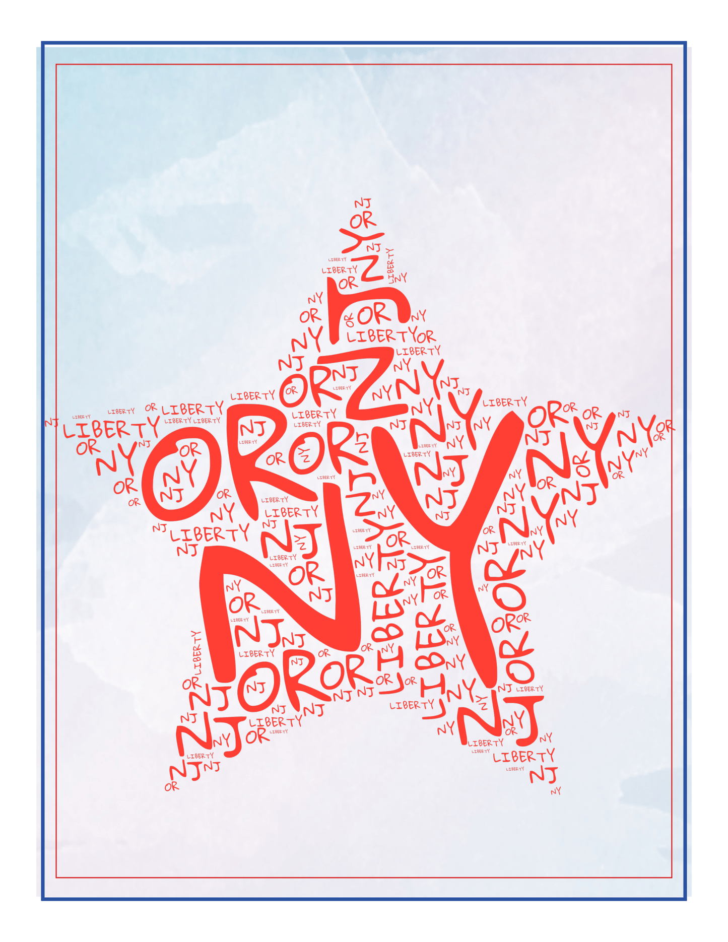 The New York City Travel Guide and Activity Kit for Kids from Wondermom Shop features a red star-shaped word cloud with 'NJ,' 'OR,' 'NY,' and 'LIBERTY' in various sizes on a gradient blue and pink background, making it perfect for highlighting Manhattan Points of Interest.