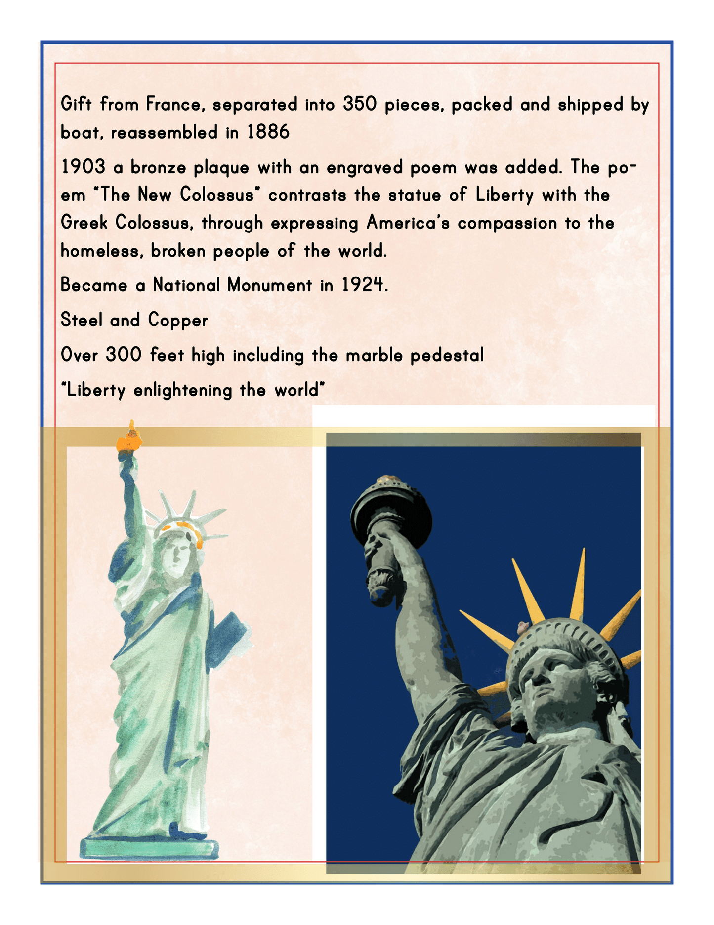 The image showcases informative text about the Statue of Liberty, highlighting its arrival from France in 1886, the installation of a bronze plaque in 1903, and its designation as a National Monument in 1924. This iconic landmark is a must-see feature in the New York City Travel Guide and Activity Kit for Kids by Wondermom Shop.