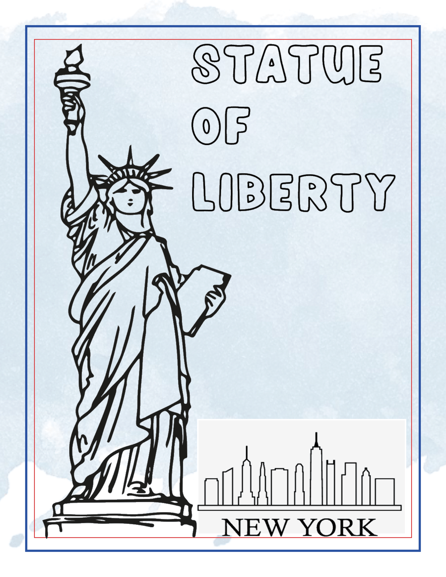 Illustration of the Statue of Liberty with the text "Statue of Liberty" above and a minimalistic New York City skyline below, capturing one of Manhattan's points of interest, as featured in the **New York City Travel Guide and Activity Kit for Kids** by **Wondermom Shop**.