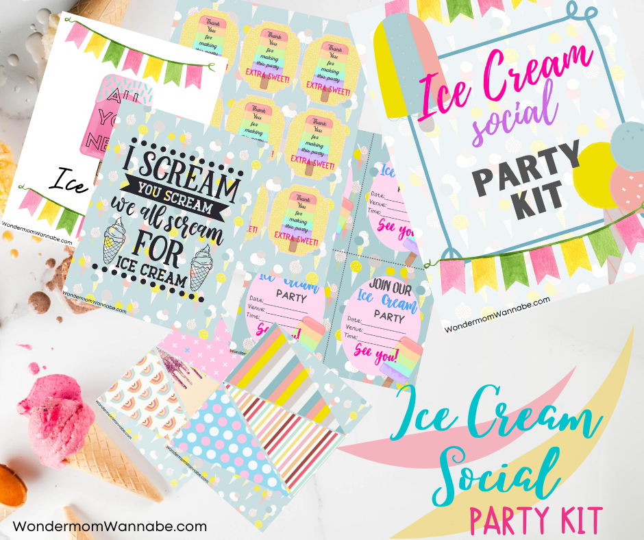Displayed alongside ice cream cones and sprinkles are various colorful printables from the "Ice Cream Social Party Kit" by Wondermom Shop, including banners, invitations, and tags. This delightful digital product can be found at WondermomWannabe.com.