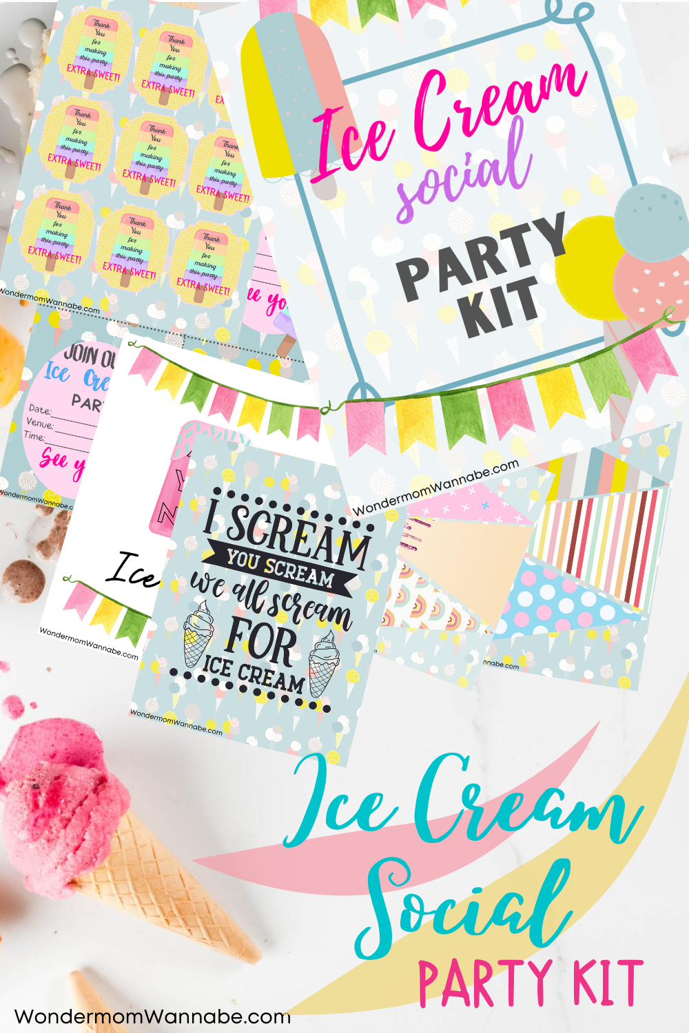 Image of the Wondermom Shop's Ice Cream Social Party Kit, showcasing vibrant invitation cards, banners, and decorative signs adorned with ice cream-themed designs and text. A whimsical pink ice cream cone is featured in the bottom left corner.