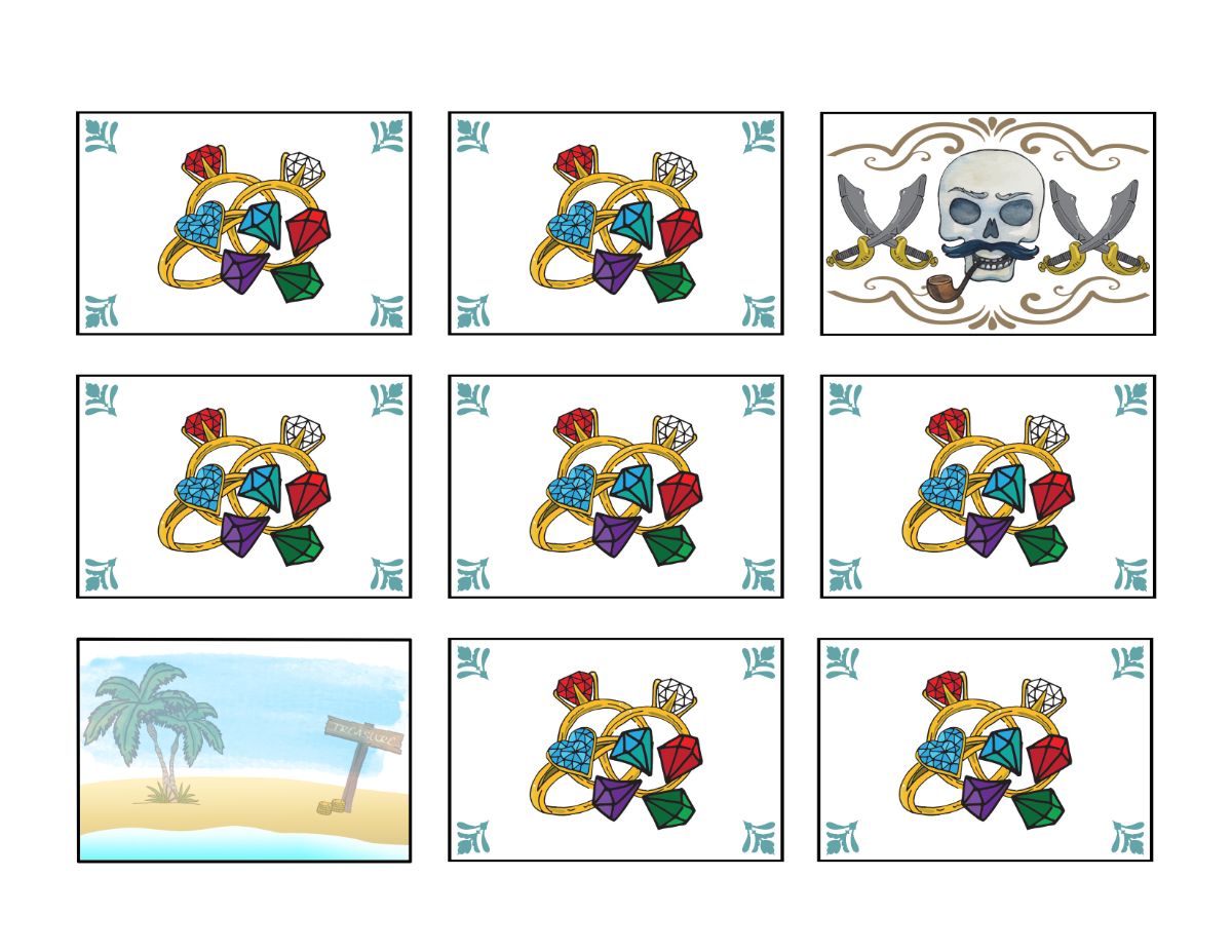 Nine square panels displaying a combination of images including ornately decorated rings, a skull with crossed swords behind it, and a tropical scene with a palm tree and a wooden sign for the Wondermom Wannabe Treasure Seekers Game.