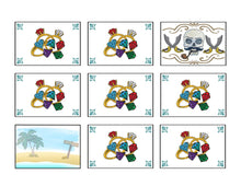 Load image into Gallery viewer, Nine square panels displaying a combination of images including ornately decorated rings, a skull with crossed swords behind it, and a tropical scene with a palm tree and a wooden sign for the Wondermom Wannabe Treasure Seekers Game.
