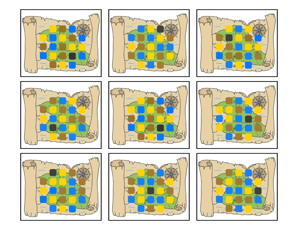 Nine panels displaying variations of a colored tile puzzle from the Treasure Seekers Game by Wondermom Wannabe, with some panels having the puzzle partially solved and others showing different stages of progress or completion.