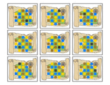 Load image into Gallery viewer, Nine panels displaying variations of a colored tile puzzle from the Treasure Seekers Game by Wondermom Wannabe, with some panels having the puzzle partially solved and others showing different stages of progress or completion.
