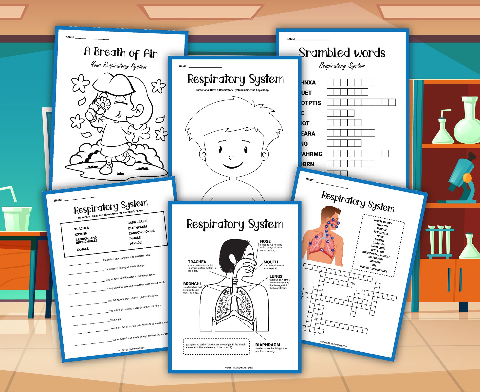The Respiratory System Activity Set by Wondermom Shop, which includes diagrams, word scrambles, and coloring tasks, is showcased against a science classroom backdrop.