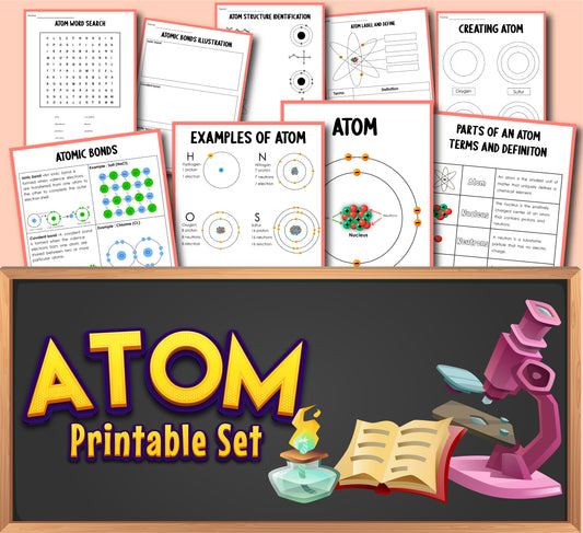 Image of an "Atom Activity Set" from Wondermom Shop featuring educational worksheets on atomic structure, bonds, and types with a chalkboard, microscope, and open book in the foreground—a perfect digital product for engaging educational activities.