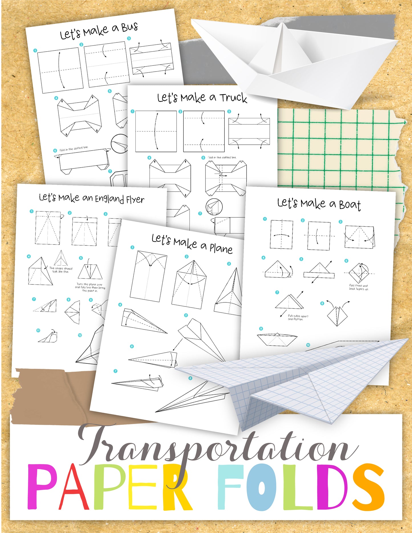 Introducing "Transportation Origami" by Wondermom Shop, a digital product featuring illustrated instructions for folding paper into various transportation-themed shapes, such as a bus, truck, plane, and boat. This guide makes each step easy to follow.