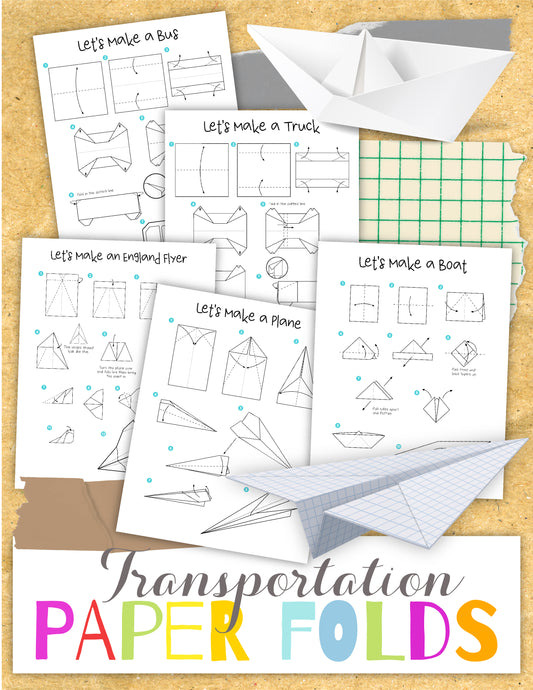 Introducing "Transportation Origami" by Wondermom Shop, a digital product featuring illustrated instructions for folding paper into various transportation-themed shapes, such as a bus, truck, plane, and boat. This guide makes each step easy to follow.