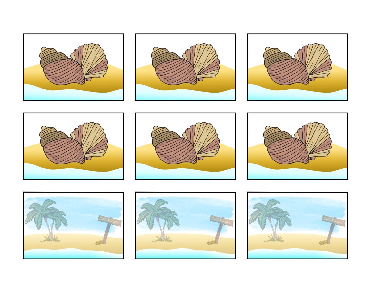 Nine panels depicting variation in seashells and the addition of palm trees and a directional sign on a beachscape, ideal for Wondermom Wannabe's Treasure Seekers Game.