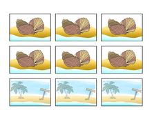 Load image into Gallery viewer, Nine panels depicting variation in seashells and the addition of palm trees and a directional sign on a beachscape, ideal for Wondermom Wannabe&#39;s Treasure Seekers Game.
