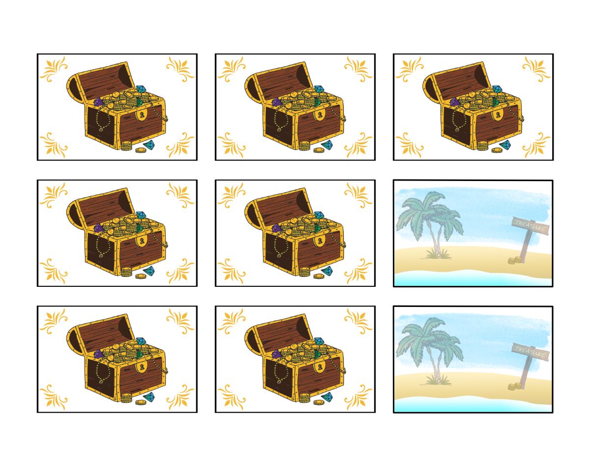 Nine illustrations of a treasure chest in various states of openness with gold and jewels, set against a background with palm trees and a wooden signpost for the Wondermom Wannabe printable Treasure Seekers Game.