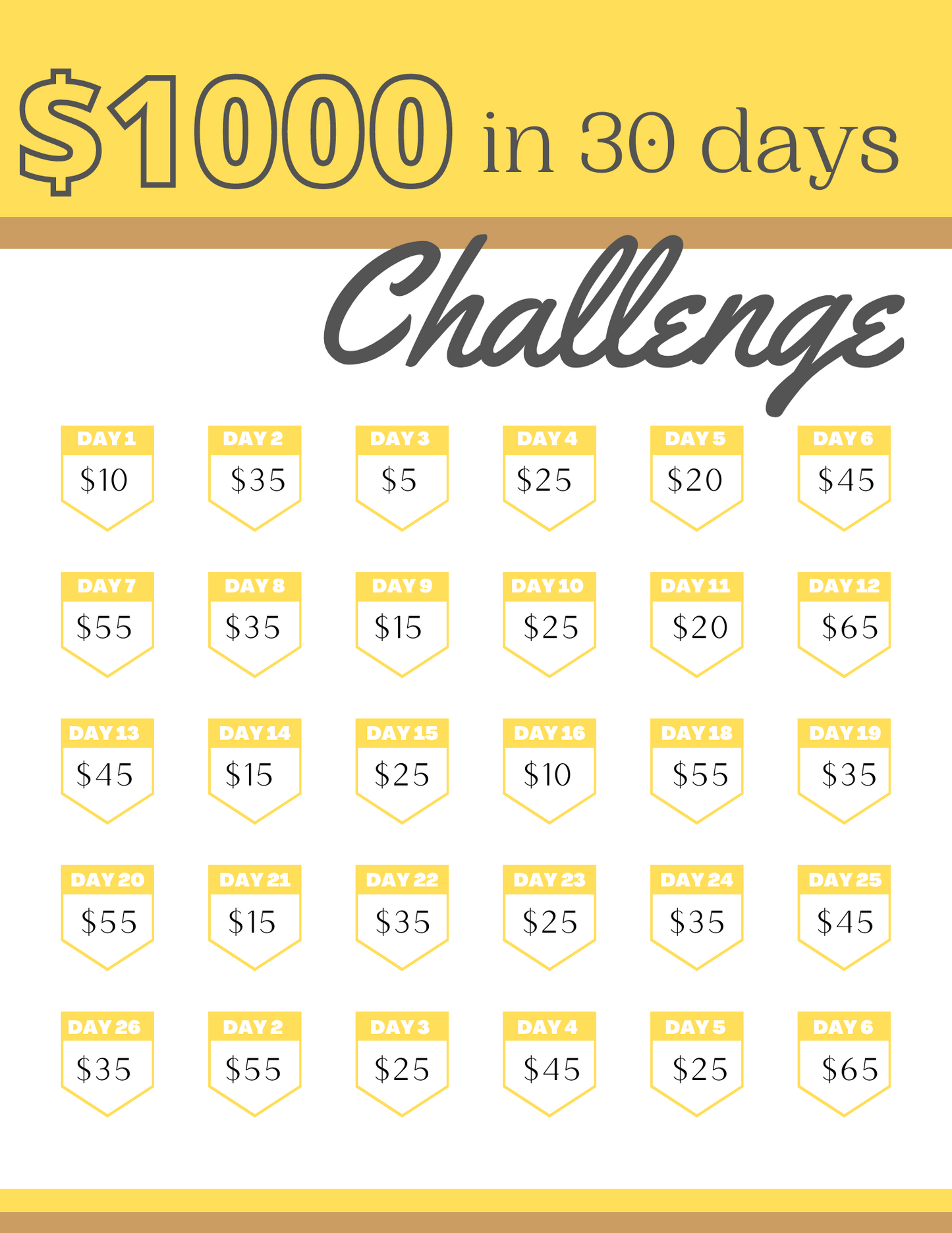 A poster with the words '$1000 in 30 Days Challenge' by Wondermom Printables.