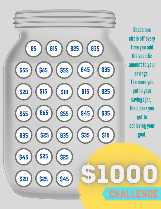 A $1000 Challenge mason jar with circles with different dollar amounts inside