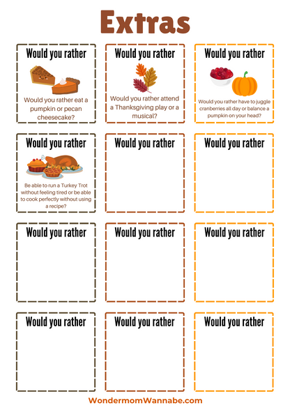 Printable Thanksgiving extras worksheet featuring VIP Vault's Thanksgiving Would You Rather Questions prompts.