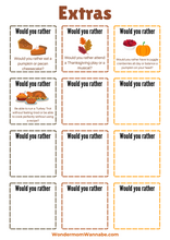 Load image into Gallery viewer, Printable Thanksgiving extras worksheet featuring VIP Vault&#39;s Thanksgiving Would You Rather Questions prompts.
