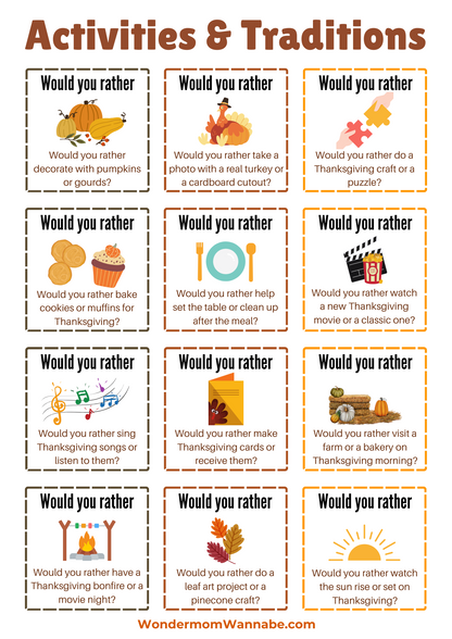 Printable Thanksgiving activities including VIP Vault's Thanksgiving Would You Rather Questions game.