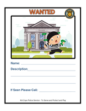 Load image into Gallery viewer, A Police Station Pretend Play display from Wondermom Shop features a cartoon wanted poster with a masked figure dashing away with a sack of cash. The amusing background mimics the style of play police stations, including hilariously large police badges. Space is allocated for the offender&#39;s name, description, and contact information.
