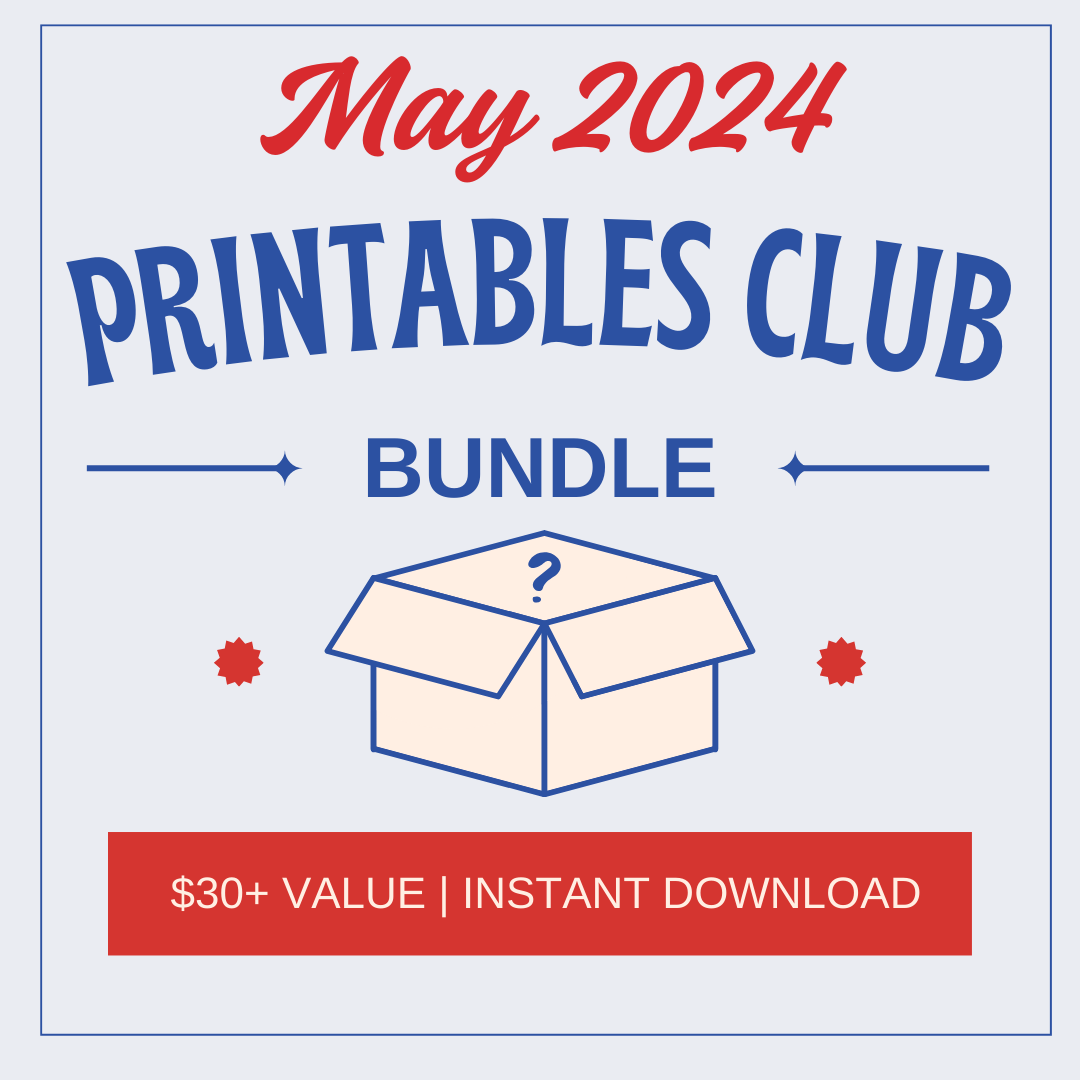 May 2024 Printables Club Bundle promo graphic from Wondermom Shop with a closed box illustration, $30+ value highlighted, showcases kids’ activities and instant download.