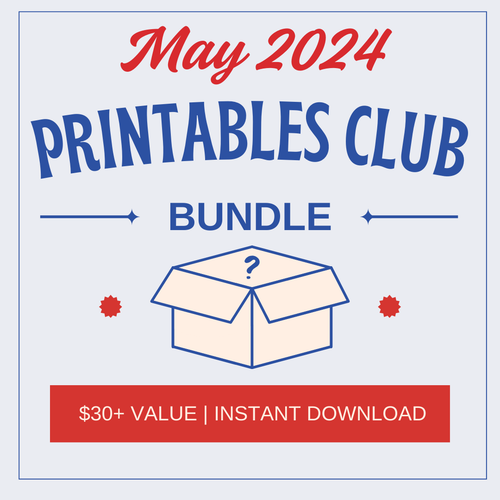 May 2024 Printables Club Bundle promo graphic from Wondermom Shop with a closed box illustration, $30+ value highlighted, showcases kids’ activities and instant download.