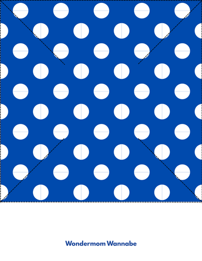 Blue square with white polka dots, dashed X and vertical lines, plus "Wondermom Shop" text—ideal for your Easy 4th of July Pinwheel Craft for Kids or other patriotic projects.