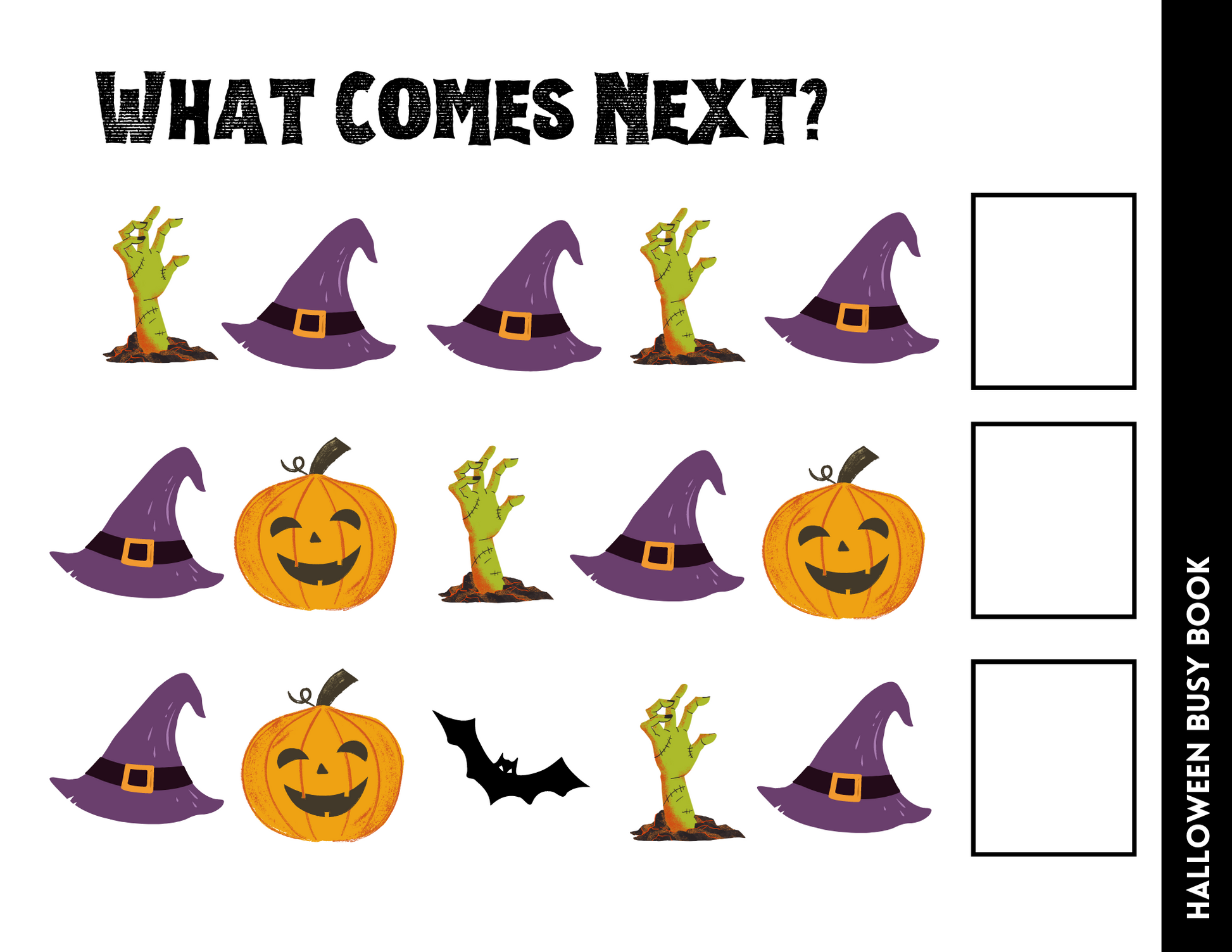 Explore the Wondermom Shop's Halloween Busy Book for Kids with this engaging pattern sequence puzzle showcasing eerie icons like a green monster hand, purple witch hats, and pumpkins. Ideal for learning through play, can you solve what should fill the three empty boxes on the right?