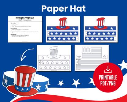 Wondermom Shop's "Stars, Stripes & Scissors: 4th of July Crafts for Kids" is a printable kit with hat templates and instructions in color and outline (PDF/PNG). Great for Independence Day or patriotic crafts.