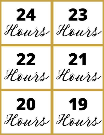 Enhance festivities with Wondermom Shop's New Year Countdown Kit—an interactive printable featuring a stylish grid of six boxes displaying bold script hours: 24, 23, 22, 21, 20, and 19.