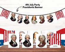 Load image into Gallery viewer, The Printable 4th of July Party Pack by Wondermom Shop includes a banner with U.S. presidents, patriotic designs, and matching cards and flags—ideal party decor for your Independence Day celebration.
