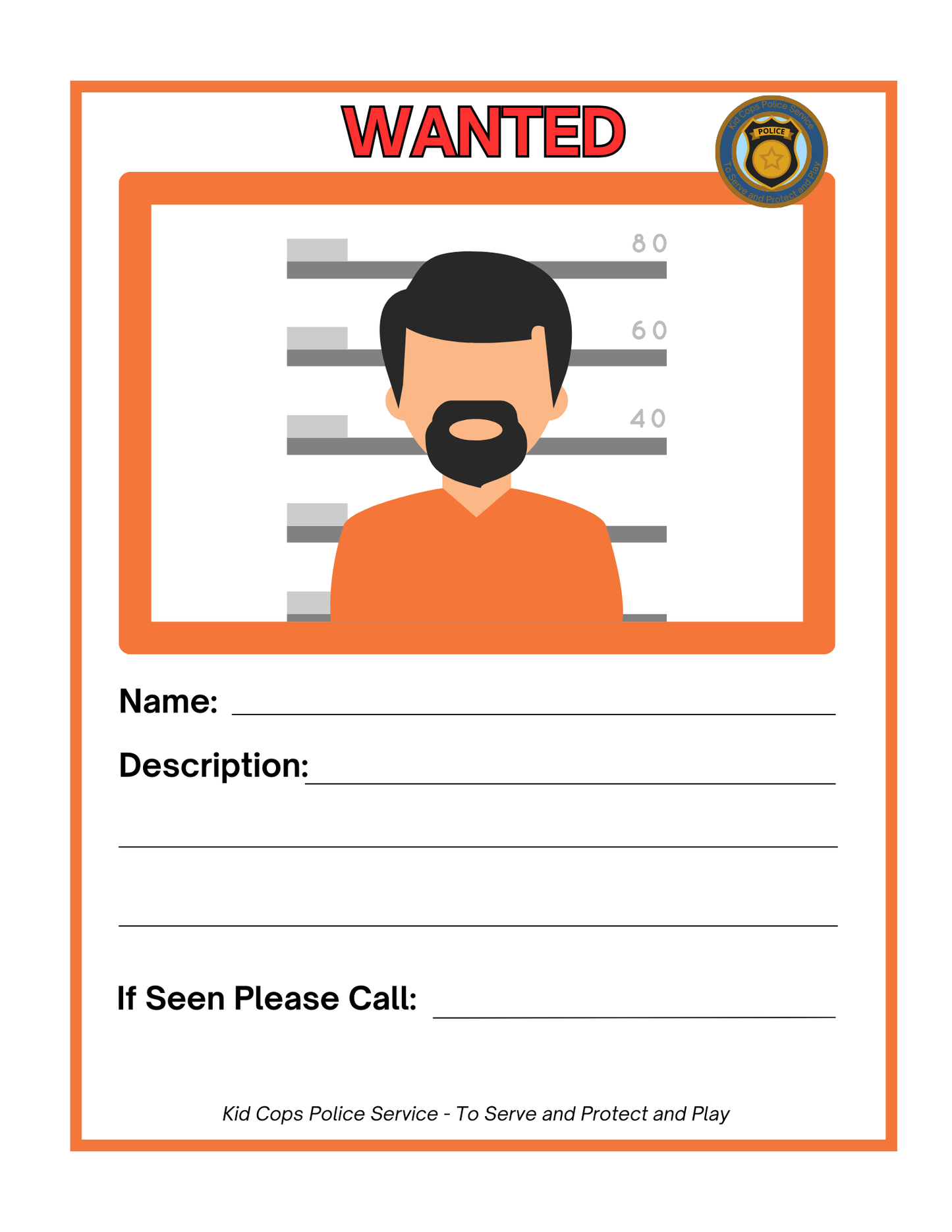 The Police Station Pretend Play set from Wondermom Shop includes a versatile wanted poster with a simple illustration of a person and designated areas for filling in details such as name, description, and contact information. It’s ideal for imaginative play at police stations, enabling kids to engage in role-playing activities like issuing traffic tickets or giving out police badges.